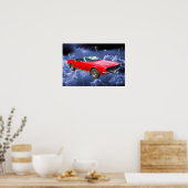 1967赤Camaroマッスルカーと稲妻ボルト ポスター (キッチン)