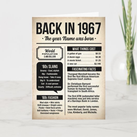 1967 誕生日のお祝いに、昔を思い出して楽しい事実が満載のバースデーカード カード (正面)