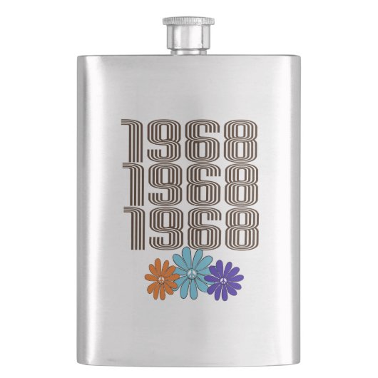 1968ヒッピー平和サイン花オレンジアクアパープル フラスク (正面)