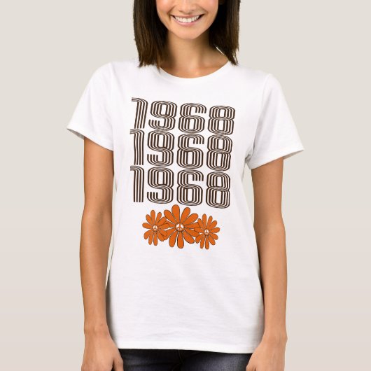1968ピースサインオレンジヒッピー花パワー Tシャツ (正面)