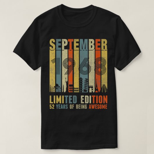1968年9月ヴィンテージおもしろい第52回誕生日プレゼント Tシャツ (デザイン正面)