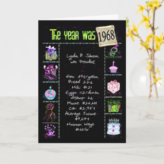 1968誕生日年おもしろいトリビア カード (黄色い花)