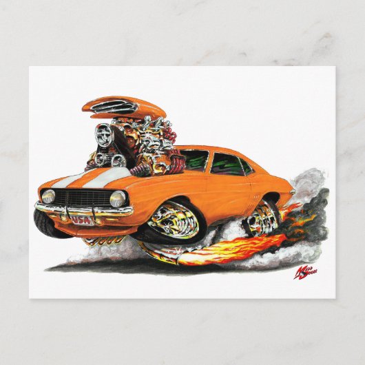 1969カマロSSオレンジ – ホワイトカー ポストカード (正面)