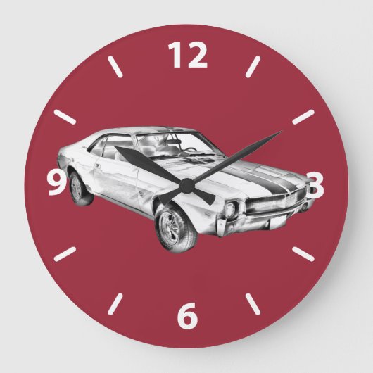 1969年式AMC Javlin マッスルカーイラスト ラージ壁時計 (正面)