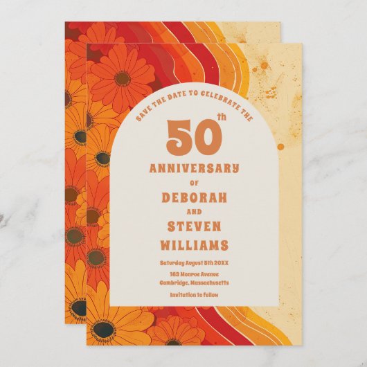 1970ファンキー年代50周年結婚招待状 セーブザデート (正面/裏面)