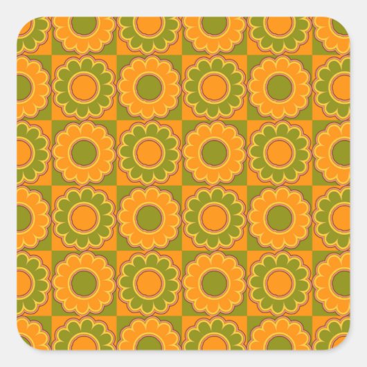 1970年代のフラワーパワーオレンジとオリーブグリーンのレトロ スクエアシール (正面)