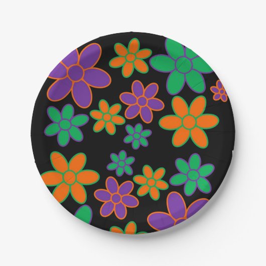 1970年代スタイル花黒背景紙プレート ペーパープレート (正面)