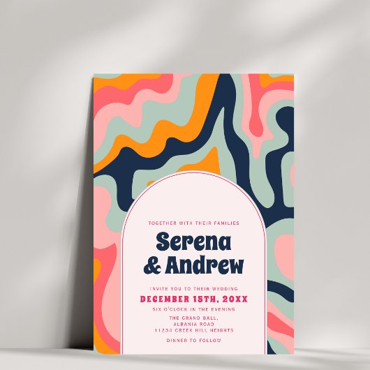 1970年代レトロなグッバイ パステル ウェーブ アーチ写真 招待状