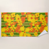 1970年代レトロオレンジイエロー花 ビーチタオル (正面)
