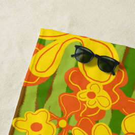 1970年代レトロオレンジイエロー花 ビーチタオル