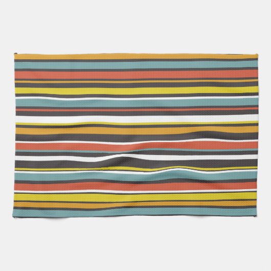 1970年代レトロオレンジブラウンアクアイエローストライプズ キッチンタオル (横)