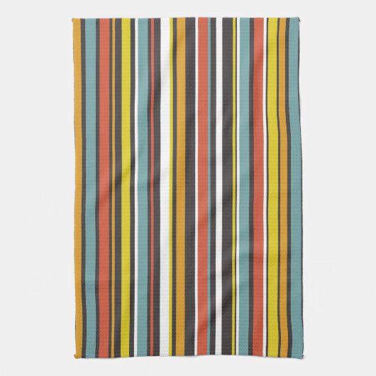 1970年代レトロオレンジブラウンアクアイエローストライプズ キッチンタオル (縦)