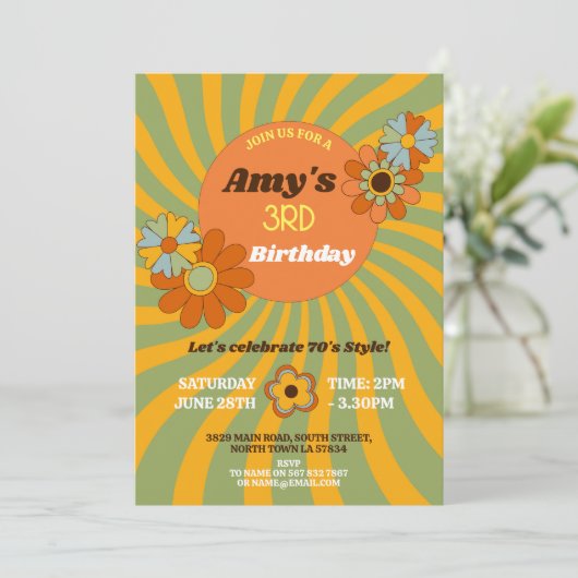 1970年代レトロピンクガールズサードバースデー 招待状 (スタンド正面)