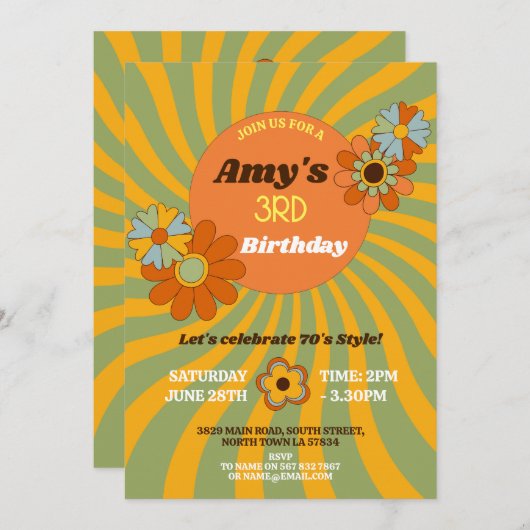 1970年代レトロピンクガールズサードバースデー 招待状 (正面/裏面)