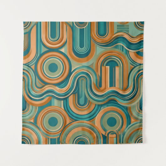 1970年代レトロ幾何学ウェーブパターン ティール&アンバー タペストリー (正面)