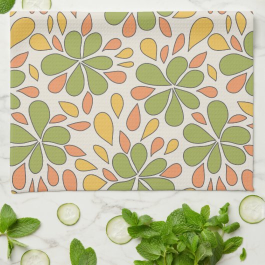 1970年代レトロ抽象芸術花緑イエローピンク キッチンタオル (折り畳み)