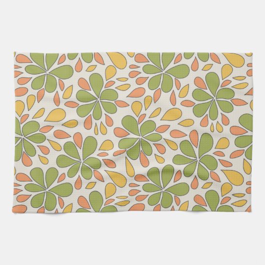 1970年代レトロ抽象芸術花緑イエローピンク キッチンタオル (横)