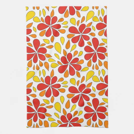 1970年代レトロ抽象芸術花赤オレンジイエロー キッチンタオル (縦)