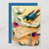 1970年代ヴィンテージのクリスマスブルーの鳥が木の上に シーズンカード (正面/裏面)