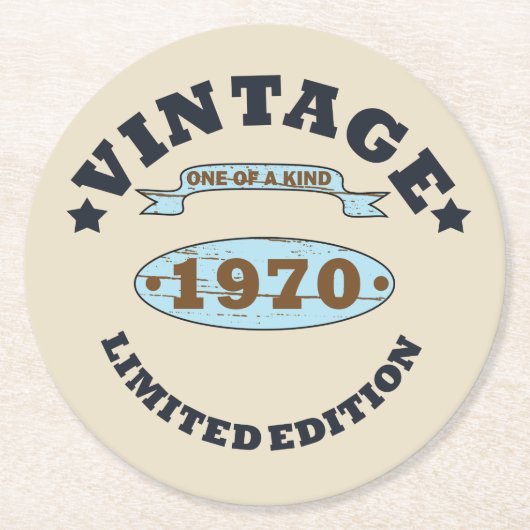 1970生まれ年のヴィンテージ誕生日ギフト ラウンドペーパーコースター (正面)