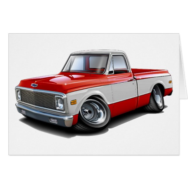 1970-72年のChevy C10の赤白のトラック (正面横)