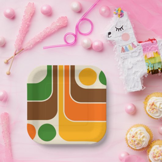 1970sモダンレトロスタイル幾何学的デザイン ペーパープレート (パーティー)