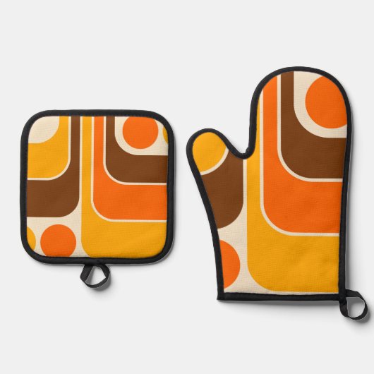 1970sモダンレトロスタイル幾何学的デザイン 鍋つかみ&鍋敷きセット (正面)
