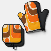 1970sモダンレトロスタイル幾何学的デザイン 鍋つかみ&鍋敷きセット (正面/裏面)