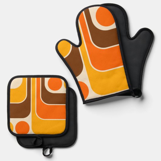 1970sモダンレトロスタイル幾何学的デザイン 鍋つかみ&鍋敷きセット (正面/裏面)