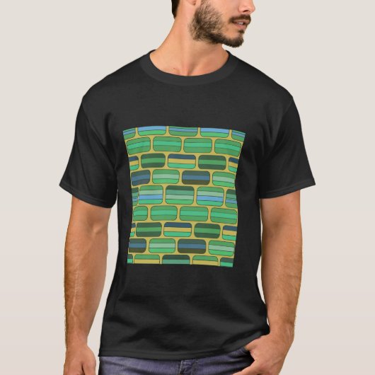 1970'Sレトロ青長方形レンガ幾何学模様 Tシャツ (正面)