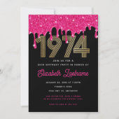 1974 ピンク グリッター ドリップ 50歳の誕生日 招待状 (正面)