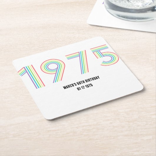 1975レトロヴィンテージレインボー数字50誕生日 スクエアペーパーコースター (アングル)