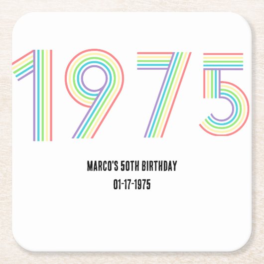 1975レトロヴィンテージレインボー数字50誕生日 スクエアペーパーコースター (正面)