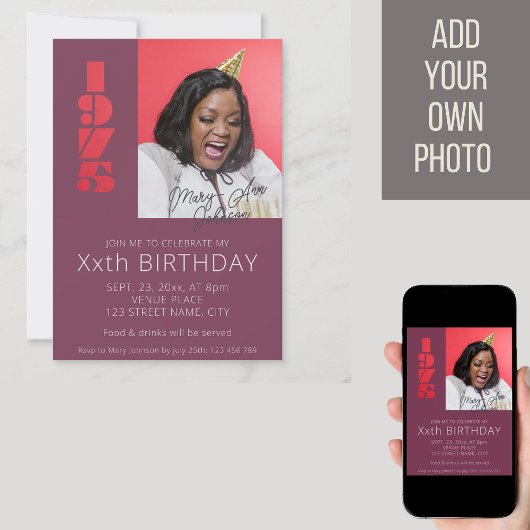 1975年の紫生まれの50歳の誕生日の写真 招待状