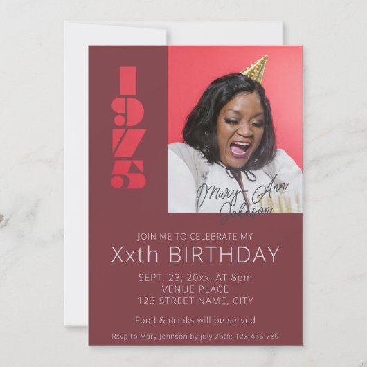 1975年ブルゴーニュ生まれで50歳の誕生日の写真 招待状 (正面)