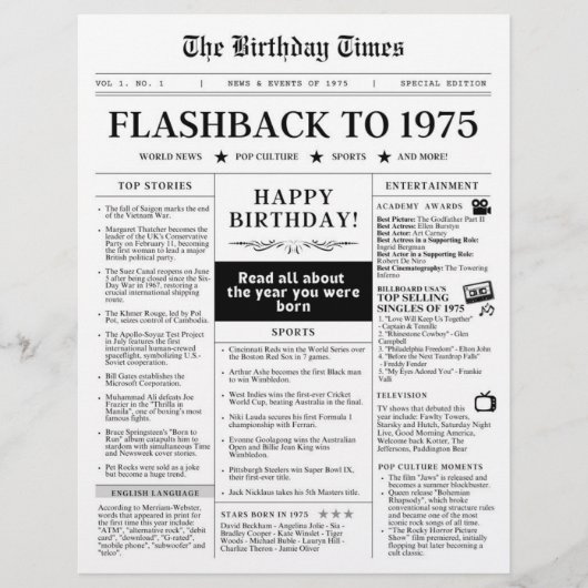 1975生まれ年のモック新聞白黒 (正面)