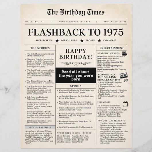 1975生まれ年の50歳の誕生日の模擬新聞 (正面)
