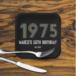 1975 レトロ ビンテージ レインボー 数字 50歳の誕生日 ペーパープレート