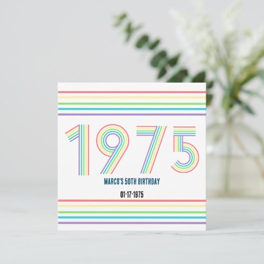 1975 レトロ ヴィンテージ レインボー ナンバーズ 50歳の誕生日 招待状 (スタンド正面)