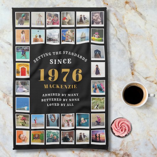 1976年からの50歳の誕生日家族の思い出フォトコラージュ キッチンタオル