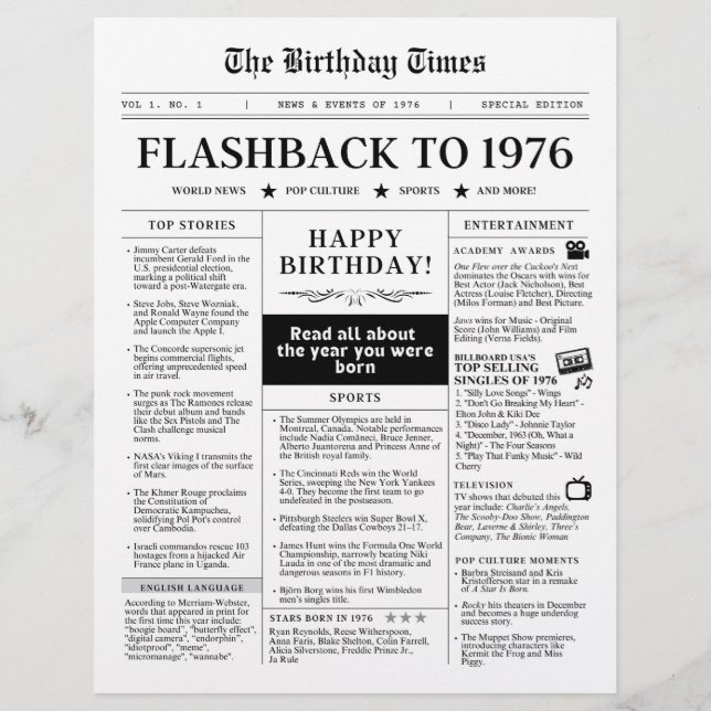 1976年モック新聞モノトーンの誕生日紙シート (正面)