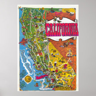 1976年 ビンテージカラフルカリフォルニア地図ポスター ポスター