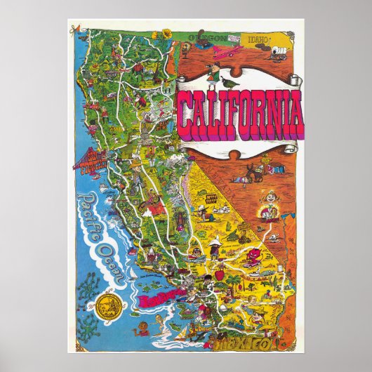 1976年 ビンテージカラフルカリフォルニア地図ポスター ポスター (正面)