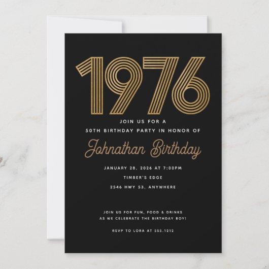 1976 Black and Faux Gold 50th Birthday Invitation 招待状 (正面)