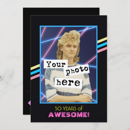 1980のレトロスタイル写真パーティー発表 招待状 (正面/裏面)