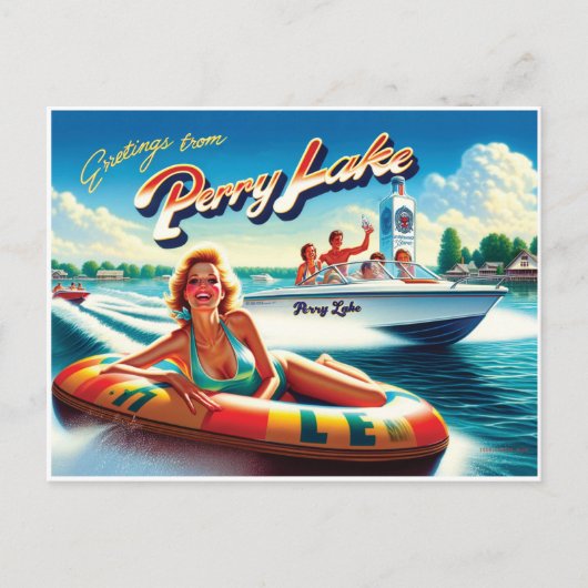 1980の女の子チューブとスピードボート ポストカード (正面)