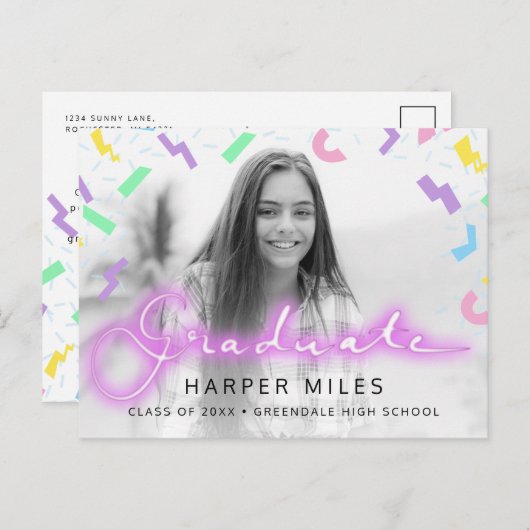 1980年代のネオン脚本とパターン卒業写真 ポストカード (正面/裏面)