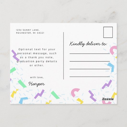 1980年代のネオン脚本とパターン卒業写真 ポストカード (裏面)