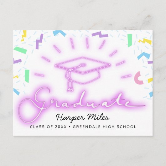 1980年代のレトロなピンクのネオン卒業帽 ポストカード (正面)