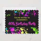 1980年代カラフル絵を描(ばちゃばちゃ)跳ねる40歳の誕生日パーティー 招待状 (正面)